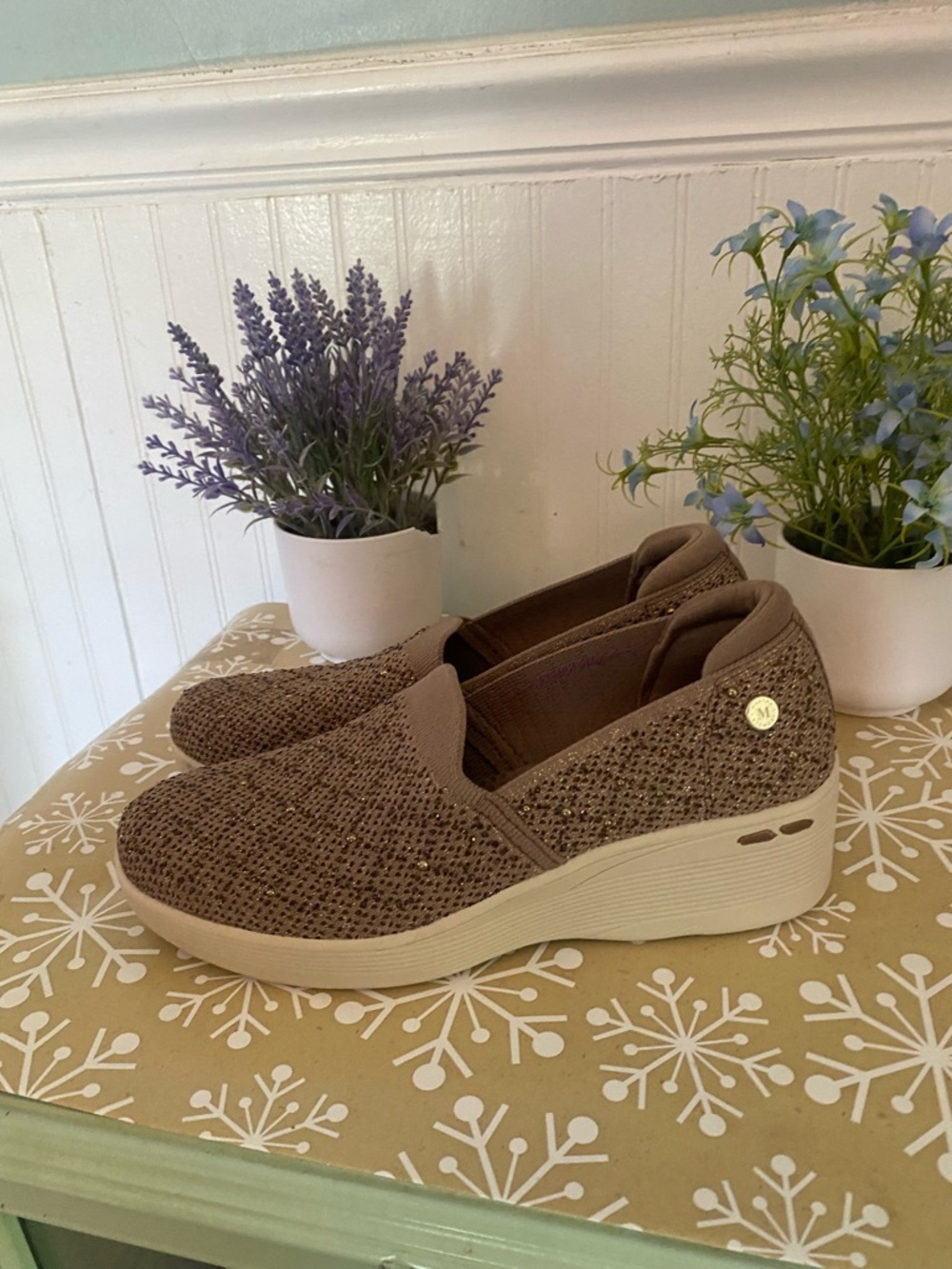 Skechers Slip-On Wedge Sneakers in Taupe Glitter Knit - Picture 2 of 6